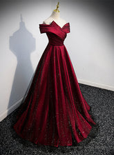Black and Red Satin Off Shoulder Long Junior Prom Dress, A-line Satin Party Dress